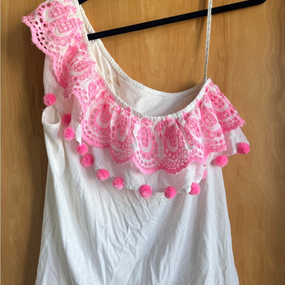 Lilly Pulitzer one shoulder Top with Pink Pom Poms